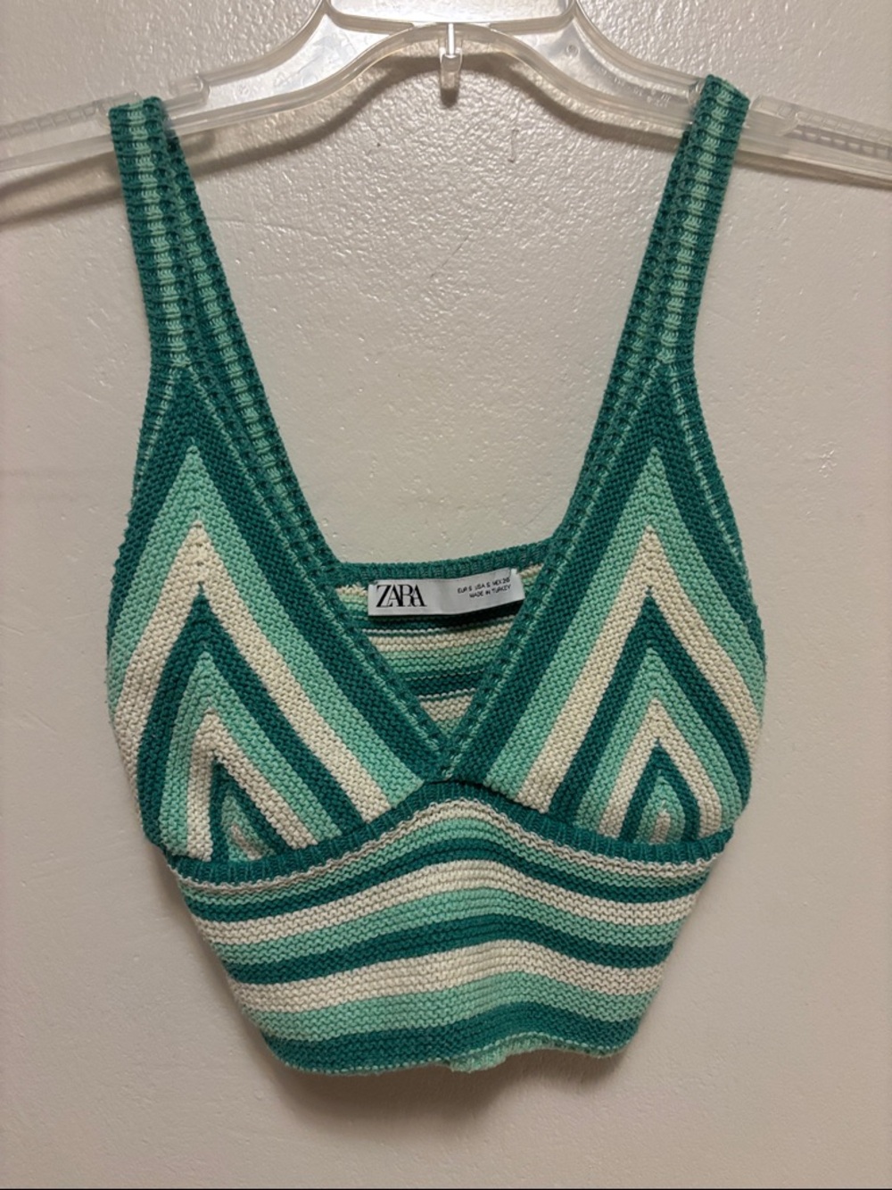 ZARA Striped Knit V-Neck Crop Top in Teal & Cream
